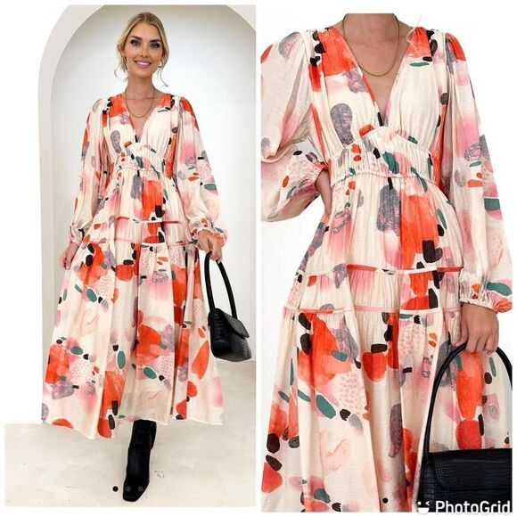 Puff Sleeve Floral Maxi Bohemian V Neck Tiered Casual Tiered Summer Maxi - Picture 2 of 16